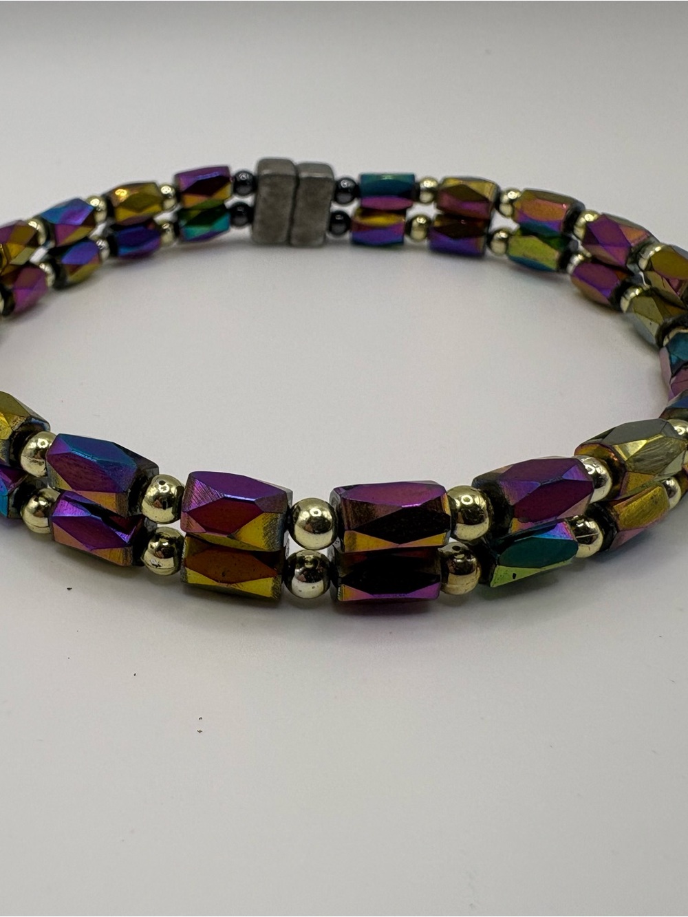 Iridescent Faceted Bead Magnetic Clasp Bracelet Double Strand Purple Gold Teal